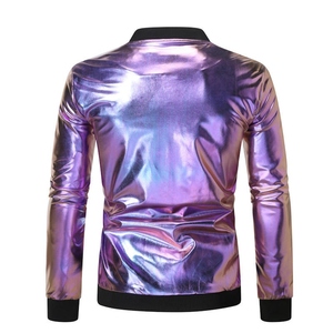 Wholesale Breathable Windproof Canvas Bomber <b>Jacket</b> Men Casual Stand Collar Zipper Shiny Rainbow Front Glitter Print Autumn - Product Image 3