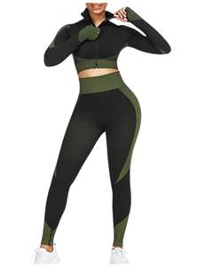 Conjunto Deportivo Jacquard Sin Costuras para Mujer, 2 Piezas, Leggings de Nylon de Cintura Alta Elástica con Top Deportivo de Manga Corta, Ropa de Yoga - Product Image 2