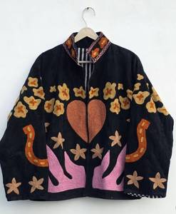 Veste en velours côtelé brodée pour femme, col mandarin, manches longues, motif floral, broderie à la main, vêtements d'automne, vente en gros de vestes - Product Image 1