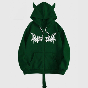 Sweat à capuche zippé personnalisé, style streetwear oversize, imprimé graphique vert foncé, style gothique, en molleton de coton, unisexe - Product Image 1