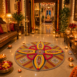 Rangoli festif à pompons pour la décoration de Diwali, tapis décoratif fait main pour le sol, Rangoli traditionnel indien pour les mariages et les Puja - Product Image 5