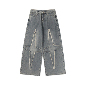 Jean ample streetwear en denim avec patchs, bords effilochés, délavage vintage, coupe large, patchwork, style Harajuku - Product Image 1