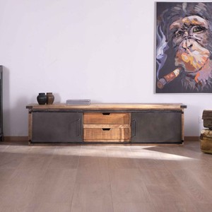 Mueble TV Vandana Silver Line de gran formato, 200 cm, 2 puertas, 2 cajones, metal y madera - Product Image 1