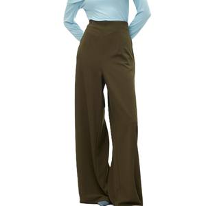 Pantalon long taille haute pour femme, coupe large évasée, en coton et lin, pour le bureau - Product Image 1