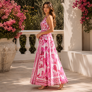 Vestido midi amarillo fruncido para mujer |   Vestido de Verano sin Mangas con Tirantes con Volantes y Lazo Frontal, Estilo Línea A, para Fiesta, Casual, Playa, con Estampado Abstracto Vibrante para Mujer - Product Image 3