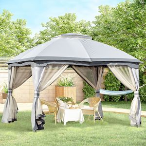 10 X 12 Outdoor Patio Gazebo <b>Canopy</b> Shelter Grey Steel Frame with Double Vented <b>Roof</b> Zippered Mesh Sidewalls - Product Image 5