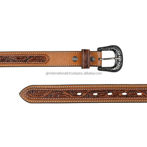 Cinturón de Cuero Estilo Western con Grabado Floral Tallado a Mano, Doble Costura, Color Bronceado, para Hombre y Mujer - Product Image 6