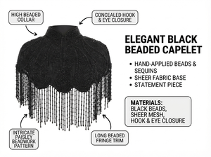 Cape de luxe noire perlée pour femme, avec franges et pompons, couvre-épaules élégant pour soirées, mariages et occasions spéciales, style haut de gamme - Product Image 6