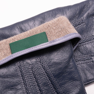 Womens Handmade Blue Gray Leather <b>Gloves</b> Green Trim Soft Winter Full Finger Outdoor Party Elegant Driving Warm Lined Snap - Product Image 5