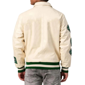 Veste de sport SINEWY pour homme, style universitaire, crème et vert, avec patch en chenille, boutons pression, style preppy, pour l'automne - Product Image 3
