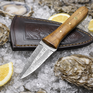 Couteau à huîtres artisanal, lame en acier Damas, manche en bois avec étui en cuir, fournisseur - Product Image 2