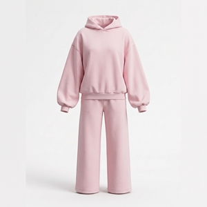 Ensemble de survêtement décontracté rose uni pour femme avec sweat à capuche et pantalon de jogging 100 % coton mi-lourd à manches longues coupe ample pour l'automne - Product Image 1