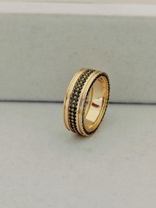 Gold Plated <b>Black</b> Onyx Eternity Band <b>Ring</b> Pave Setting Classic Style Unisex Fashion <b>Ring</b> Geometric Design - Product Image 3
