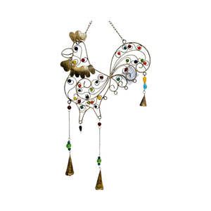 Campana de Viento Artesanal de Hierro y Latón Bañada en Oro con Cuentas Coloridas en Forma de Gallo, Tamaño Personalizado - Decoración Colgante Ecológica para el Hogar - Product Image 1