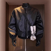 Blouson aviateur en cuir noir pour homme, col montant, fermeture éclair, style motard, couleur unie, manches classiques, pour l'automne