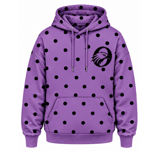Sweat-shirt à capuche décontracté en polaire pour femme, noir à pois lavande, à manches longues, avec cordon de serrage et poche kangourou avant - Product Image 1