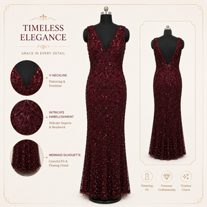 Luxury Burgundy Wine <b>Red</b> <b>Sequin</b> Mermaid Evening Gown | Deep V Neck Sleeveless Floor Length Formal Party Cocktail Wedding Maxi - Product Image 5