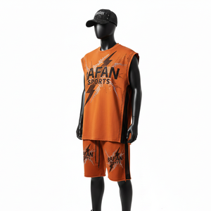 Ensemble short et t-shirt sans manches pour homme, coton mélangé premium, panneau orange, impression personnalisée avec strass. - Product Image 4