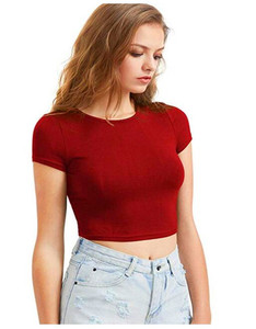 Crop top rouge pour femme, manches courtes, col rond, couleur unie, mélange de coton et de spandex, respirant, séchage rapide, sans couture, ajusté, pour le yoga - Product Image 1