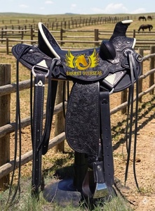 Handmade New Genuine <b>Leather</b> Western Black Floral <b>Tooling</b> Horse Saddle Portable Riding Dressage Custom Package Made in india - Product Image 2