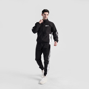 Men's Black <b>Track</b> <b>Jacket</b> with White Stripes Zipper Closure Regular Fit Elastic Waist Breathable Polyester Sportwear - Product Image 1
