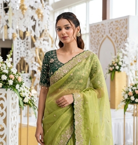 Sari en soie verte AARA Fashion avec broderie dorée, tenue traditionnelle indienne pour mariage, protection solaire toutes saisons pour femmes, longueur au sol - Product Image 5