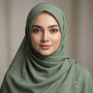 Women Green Embroidered Leaf Pattern Hijab <b>Chiffon</b> Fabric Skin-Friendly Daily Wear Ethnic <b>Scarf</b> Shawl - Product Image 4