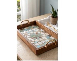 Bandeja Decorativa de Madera de Mango con Diseño Moderno y Estampado Esmaltado, Bandeja para Servir de Madera con Impresión Esmaltada a un Precio Muy Bueno - Product Image 1