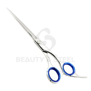 Professional Stainless Steel Hair Cutting Scissors with Blue Sparkle Finger <b>Rings</b> and Ergonomic Offset Handle - Product Image 1