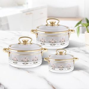 Ceramic Casseroles <b>Set</b> With Glass Lid Floral Design Round <b>Pot</b> Zinc Alloy Handle - Product Image 1