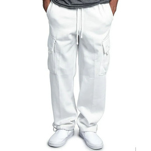 Pantalon de survêtement cargo blanc pour homme, taille élastique avec cordon de serrage, plusieurs poches, style décontracté, en coton mi-lourd, idéal pour le printemps - Product Image 1