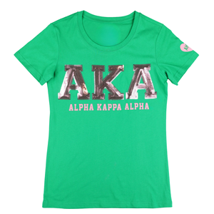 T-shirt décontracté à manches courtes en coton premium pour femme, avec patch à sequins verts, style sororité grecque - Product Image 1