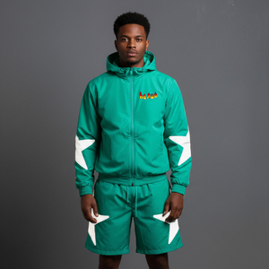 Custom Logo <b>Top</b> Trending Men Green Hooded Tracksuit Set Full Sleeve <b>Zipper</b> Sportswear Breathable Streetwear Shorts Summer Wear - Product Image 1