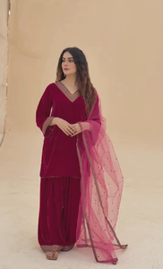 SADIA AUN HUTE COUTURE Women's Velvet Cotton Salwar Kameez Set <b>Maroon</b> Pink Dupatta Casual India Pakistan Style Regular Fit - Product Image 2