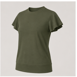 Womens <b>Olive</b> <b>Green</b> Crew Neck Flutter Short Sleeve Relaxed Fit <b>T</b> <b>Shirt</b> WTS-0075 - Product Image 3