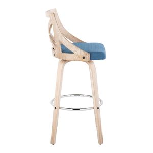 Sgabello da bar Charlotte da 30 pollici a altezza fissa con base girevole, in legno bianco anticato e tessuto blu, poggiapiedi in metallo cromato, stile rustico - Product Image 3