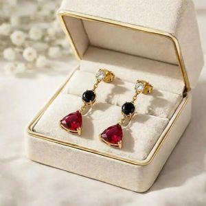 Pendientes de rubí talla trillón hechos a mano con gota de obsidiana negra y acento de circonita cúbica brillante, elegantes piedras preciosas de plata de ley 925 - Product Image 2