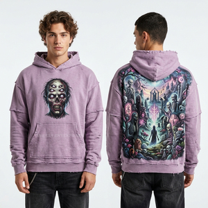 Sweat à capuche personnalisé pour homme, rose pêche, imprimé graphique Woodcut Zombie Farm, streetwear, pull en molleton de coton épais - Product Image 5