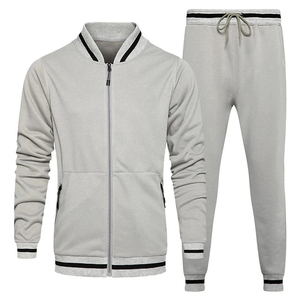 Conjunto Deportivo Gris para Hombre, Manga Larga, Cierre de Cremallera, Cuello Alto, Informal, Otoño, Poliéster y Algodón, Sudadera y Pantalones, Transpirable, Corte Regular - Product Image 1