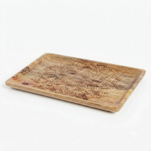 Plateau de service en bois de manguier sculpté à la main, motif Mandala, plateau en bois massif, vente en gros, décoration rustique pour la maison, plateau de table basse - Product Image 1