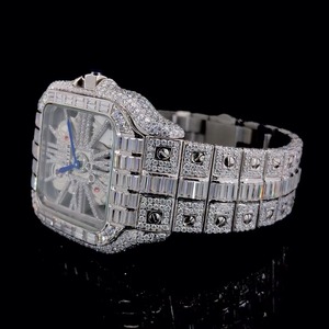 SHG Luxury Iced Skeleton Square Stainless Steel Mens Quartz Wristwatch Full Moissanite Baguette Bracelet Wedding Limited Edition - Product Image 4