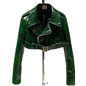 Veste de motard en cuir de vache véritable vert avec ceinture et fermeture éclair, veste d'hiver unisexe imperméable - Product Image 1