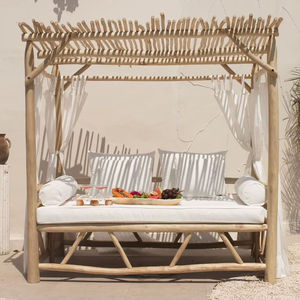 Chaise longue à baldaquin en teck massif artisanal, mobilier moderne pour extérieur, jardin, bord de piscine, villa, hôtel, projet hôtelier, avec coussin - Product Image 1