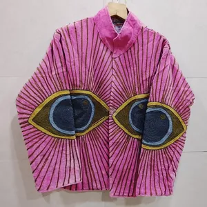 Veste en coton rose brodée œil porte-bonheur style bohème pour femme, manteau décontracté de style ethnique artistique vintage - Product Image 1