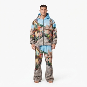 Conjunto de Chándal para Hombre con Sudadera con Cremallera y Estampado de Pueblo Azul, Pantalones de Pierna Ancha, Estilo Urbano Personalizado, Moda Casual a Juego - Product Image 1