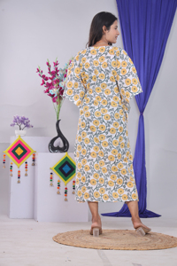 Vestido Kaftán de Algodón con Estampado Floral Naranja para Mujer, Cintura Holgada, Largo hasta la Rodilla, Cuello en V, Manga Corta, Ropa Formal Transpirable - Product Image 3
