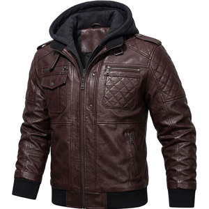 Luxury Men's <b>Quilted</b> Leather Hooded Bomber Jacket - high quality Dark Brown Premium Casual Winter Leather Coat - Product Image 6