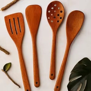 Top Selling 4Pcs Teak Wood Kitchen Tool <b>Set</b> Angled <b>Spatula</b> Skimmer Soup Spoon Wooden Utensils for Nonstick Pan Frying Utensils - Product Image 6