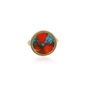 Bague ajustable en laiton plaqué or 18 carats, pierre ronde turquoise bleu orangé, bijoux de créateur modernes et tendance pour la fête des mères - Product Image 1