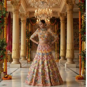Lehenga Choli de luxe pour mariage, conçu par des créateurs |   Robe de mariée multicolore en dentelle à sequins et broderies de cristaux, coupe trapèze, longueur ras du sol, sur mesure - Product Image 2